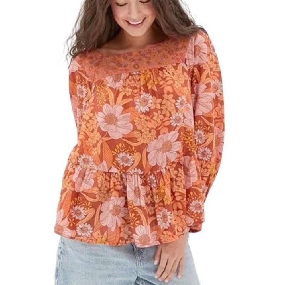 American Eagle Womens‎ L Orange Floral Square Neck Peasant Boho Blouse Top